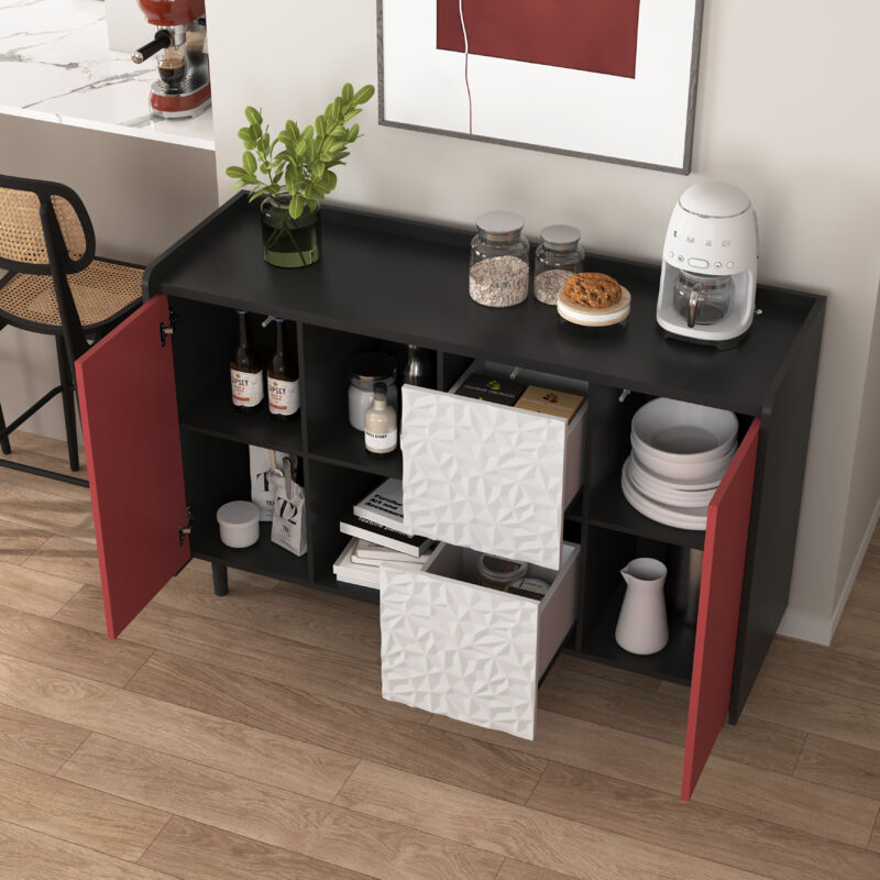 Hauss Spole - Buffet de cuisine, meuble de rangement de salon avec rangement ouvert, 2 portes 2 tiroirs, mdf, 120×40×80cm, rouge