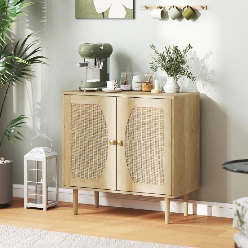 Buffet de cuisine meuble de rangement double portes avec 2 niveaux, façade en cannage 80 x 38 x 79 cm effet bois naturel
