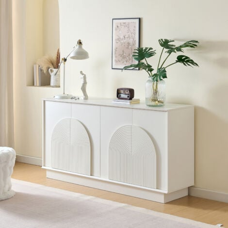 HAUSS SPOLE Buffet de cuisine, meuble de rangement, finition mate, motif rayé - 4 portes, MDF, 160x38x80 cm, blanc