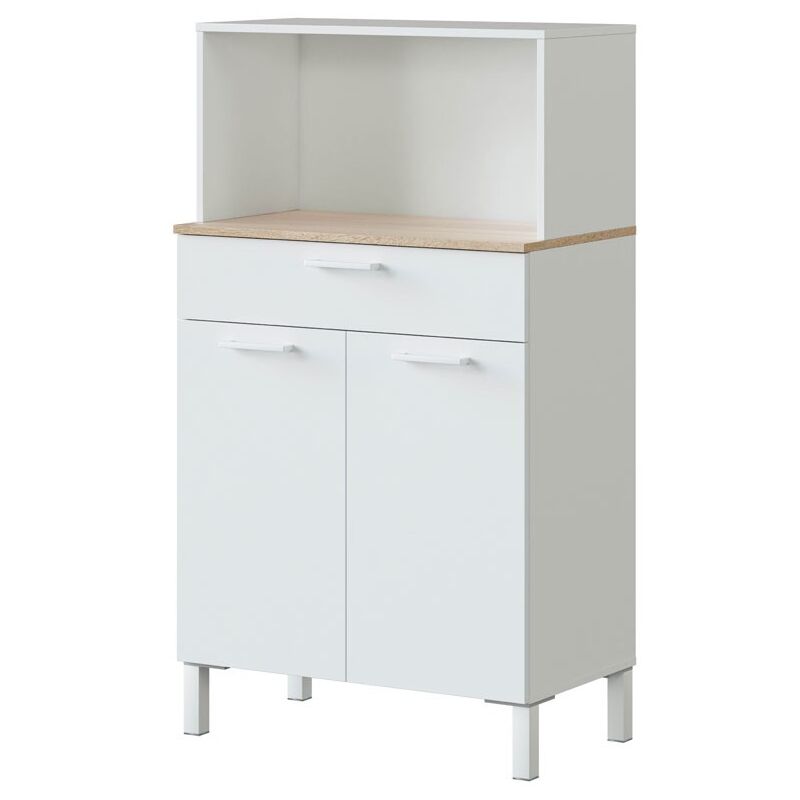 Buffet de cuisine ÉMILE 2 portes et 1 tiroir L72 x H126cm - Blanc / Bois - Blanc / Bois