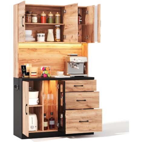 Buffet de cuisine moderne 105x40x180 cm avec éclairage led, étagères réglables et prise ue, finition noir et effet bois
