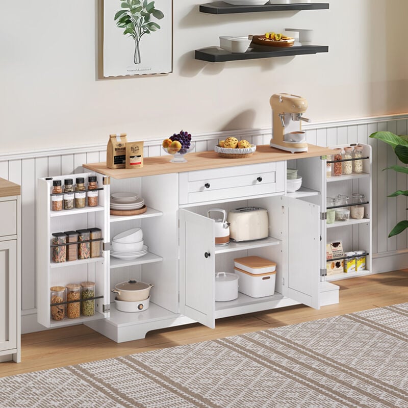 Buffet de cuisine multifonctionnel avec tiroirs et étagères réglables, mdf, Blanc+ naturel