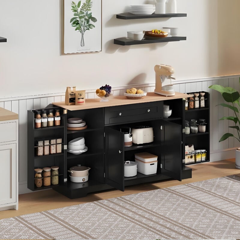 Buffet de cuisine multifonctionnel avec tiroirs et étagères réglables, MDF, noir + naturel