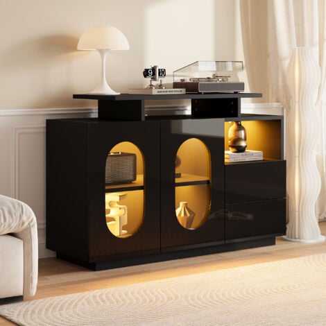 HAUSS SPOLE Buffet de cuisine noir avec éclairage LED, meuble brillante, 2 portes vitrées et 2 tiroirs, étagères réglables, MDF, 120×40×80 cm