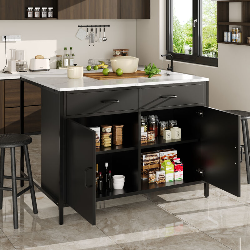 Hauss Spole - Buffet de cuisine noir avec table de bar, 2 portes et 2 tiroirs, meuble de salon de cuisine, placage marbre, mdf, 100x90x90 cm