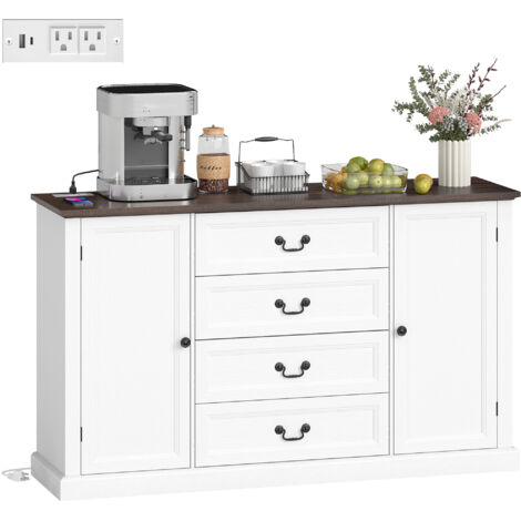 Buffet de Cuisine Rustique, Meuble de Rangement avec 4 Tiroirs à Fermeture Douce, Étagères Réglables, Blanc, 147x40x87 cm, pour Salon et Salle à Manger