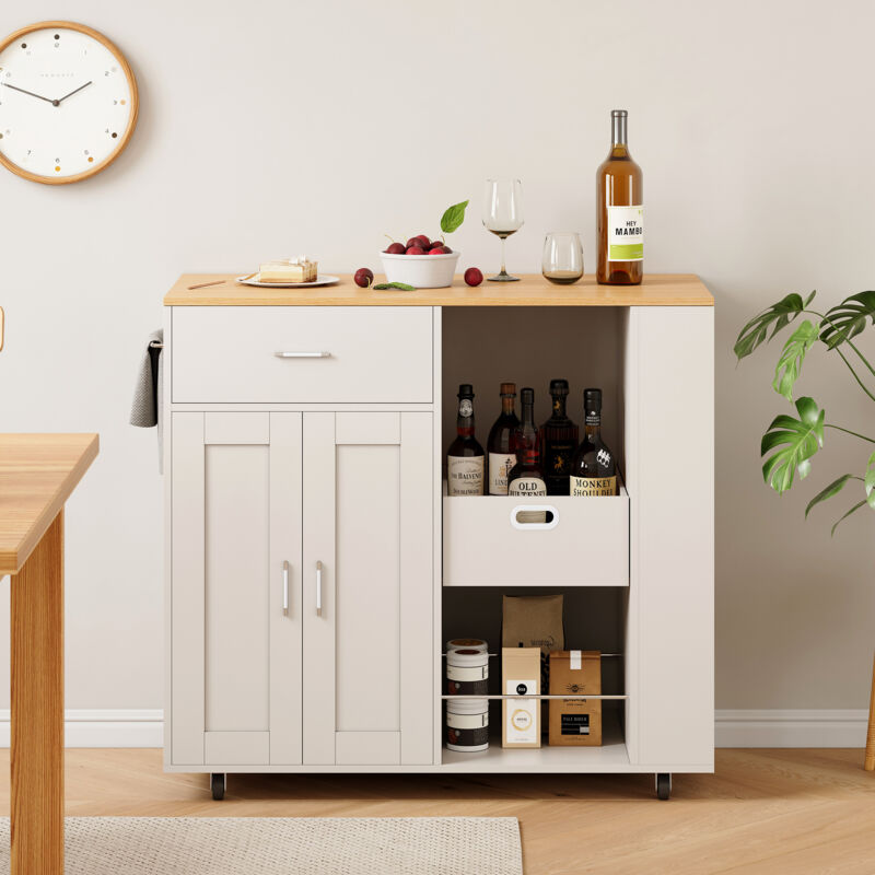 Buffet de cuisine sur roulettes, buffet avec tiroirs et range-épices, îlot mobile avec plan de travail en bois, 102x46x92 cm, blanc