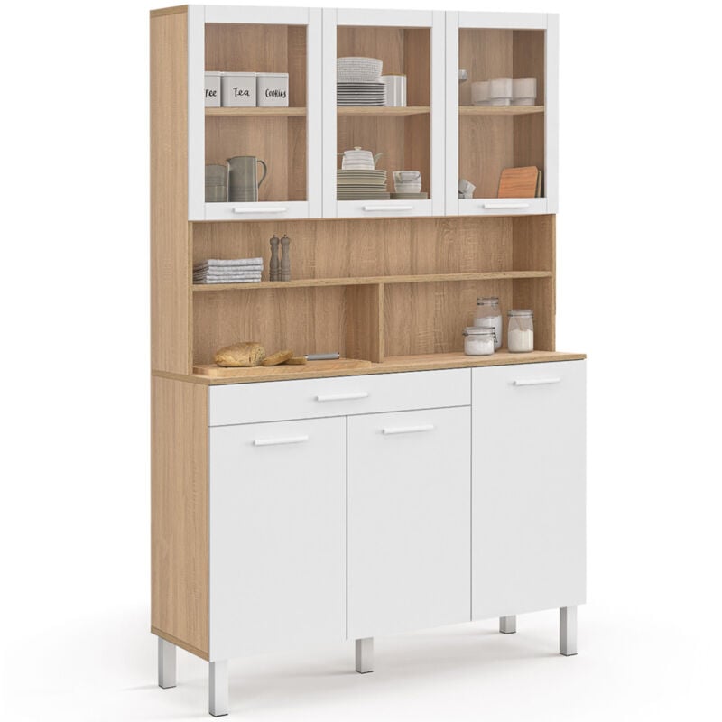 Idmarket - Buffet de cuisine vitré 120 cm cina 6 portes + tiroir façon hêtre et blanc