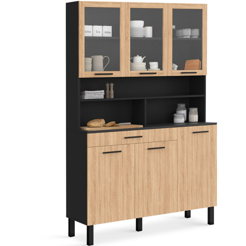 Buffet de cuisine vitré 120 cm cina 6 portes + tiroir noir et façon hêtre