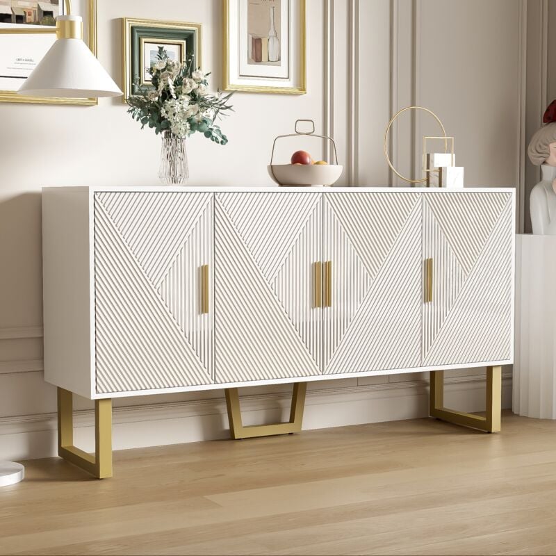 Buffet de luxe moderne - Commode à 4 portes - Portes texturées brillantes + Poignées dorées - étagères réglables - 150x40x82cm Blanc