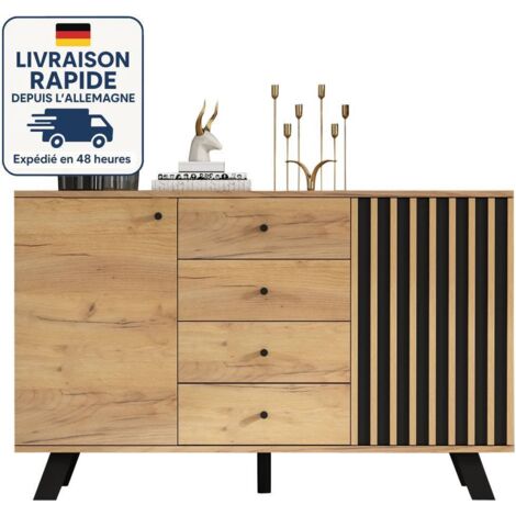 Buffet de moderne  - Avec 3 tiroirs et 2 portes - Bois Certifié PEFC - Conception simple et de niche - 5 pieds en bois massif, couleur bois naturel