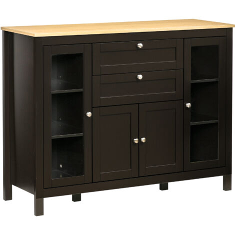 Buffet de rangement ， 1 armoire à deux portes, 2 armoires vitrées, 2 tiroirs, étagère réglable, 120 x 40 x 90 cm, noir