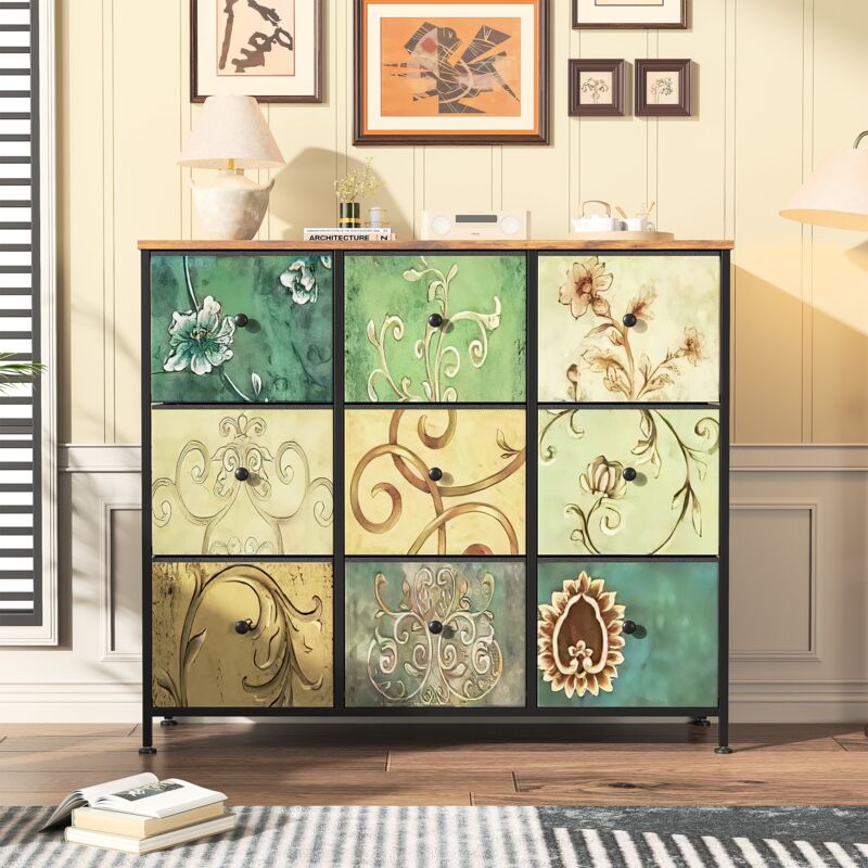 Tanant - Buffet de rangement 100cm - avec 9 tiroirs de rangement et poignées noires, Armoire de Cuisine Buffet Meuble de Rangement - motif vintage,