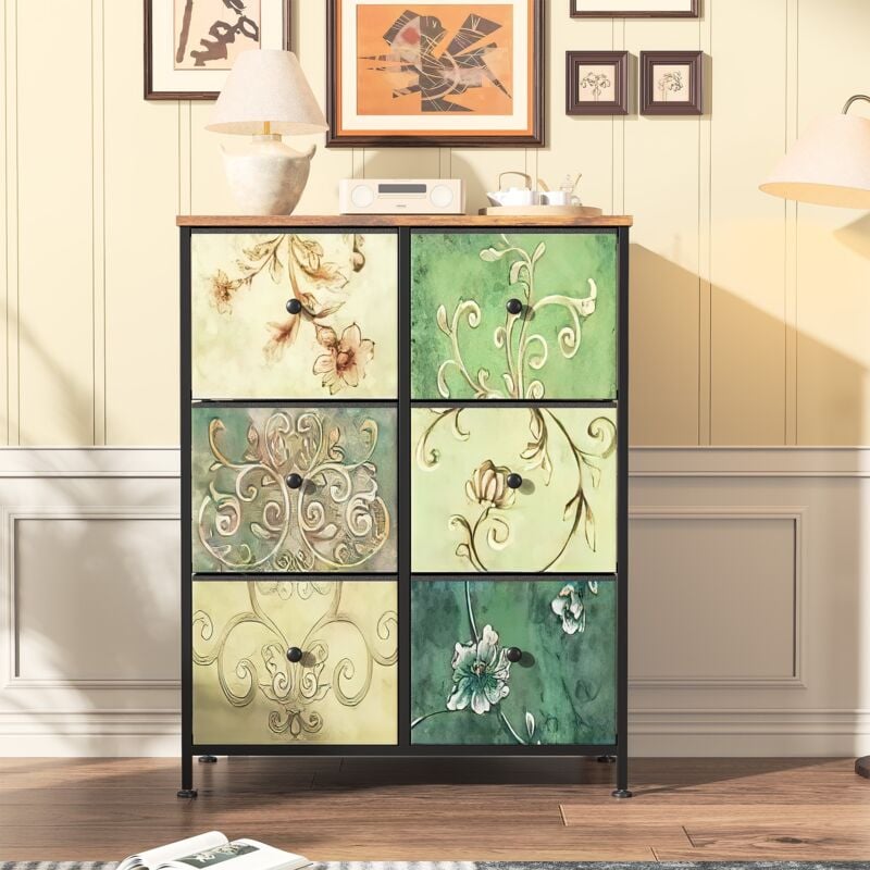 Tanant - Buffet de rangement 67cm - avec 6 tiroirs de rangement et poignées noires, Armoire de Cuisine Buffet Meuble de Rangement - motif vintage,