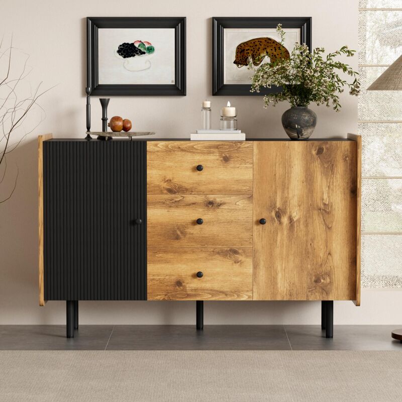 Tanant - Buffet de rangement 120 cm avec 3 tiroirs et 2 portes, poignées noires, pieds en bois, design bicolore, charnières de sécurité, style