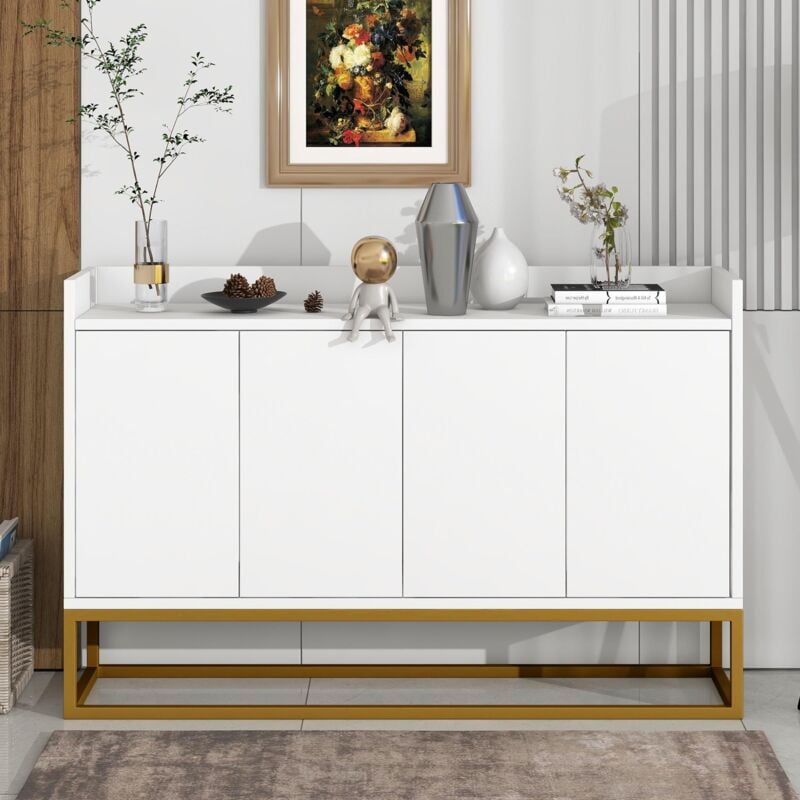 Tanant - Buffet de rangement 120x30x80cm - avec 4 portes et sans poignées et 3 cloisons, cadre en métal style minimaliste moderne - Blanc