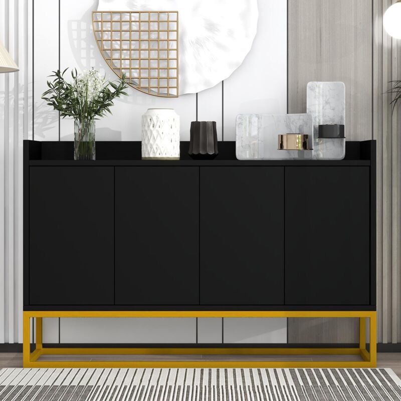 Buffet de rangement 120x30x80cm - avec 4 portes et sans poignées et 3 cloisons, cadre en métal style minimaliste moderne - noir