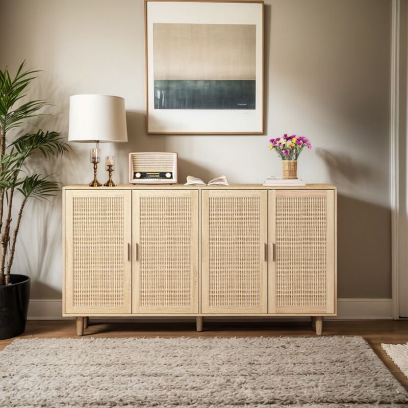 Buffet de rangement 158cm avec 4 portes décorées en rotin, rangement compartimenté, Armoire de rangement, adapté pour chambre, salon, bureau - Natural
