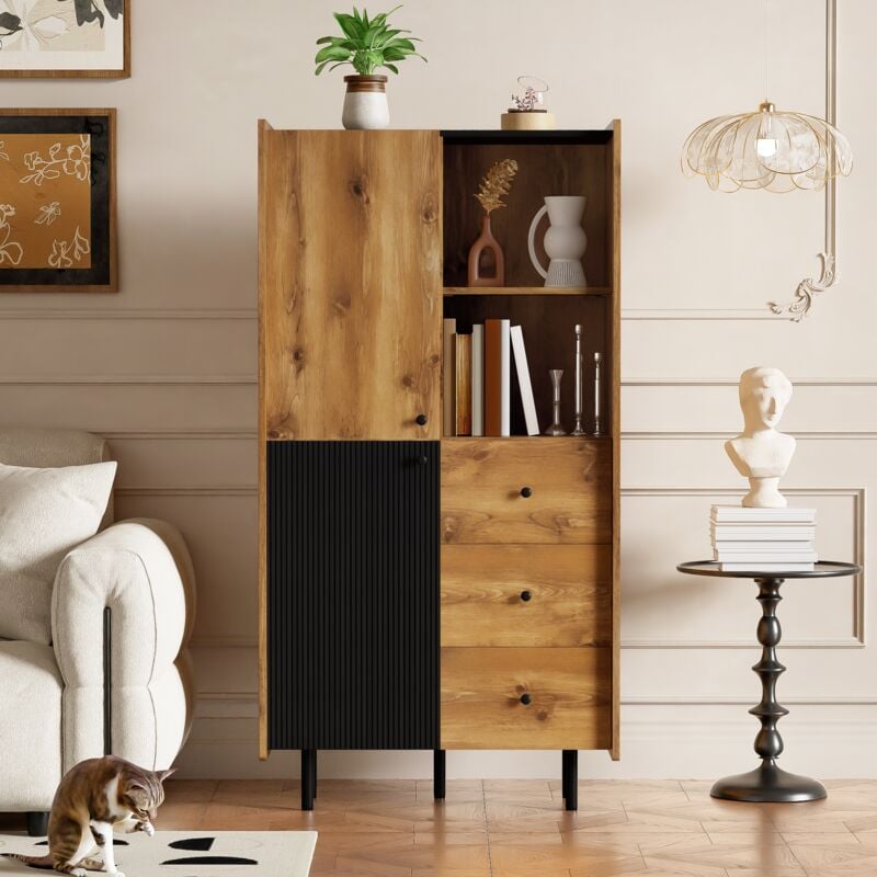 Tanant - Buffet de rangement 160 cm, Buffet Moderne avec 3 tiroirs, avec 2 portes et étagères ouvertes, style Moderne - Marron