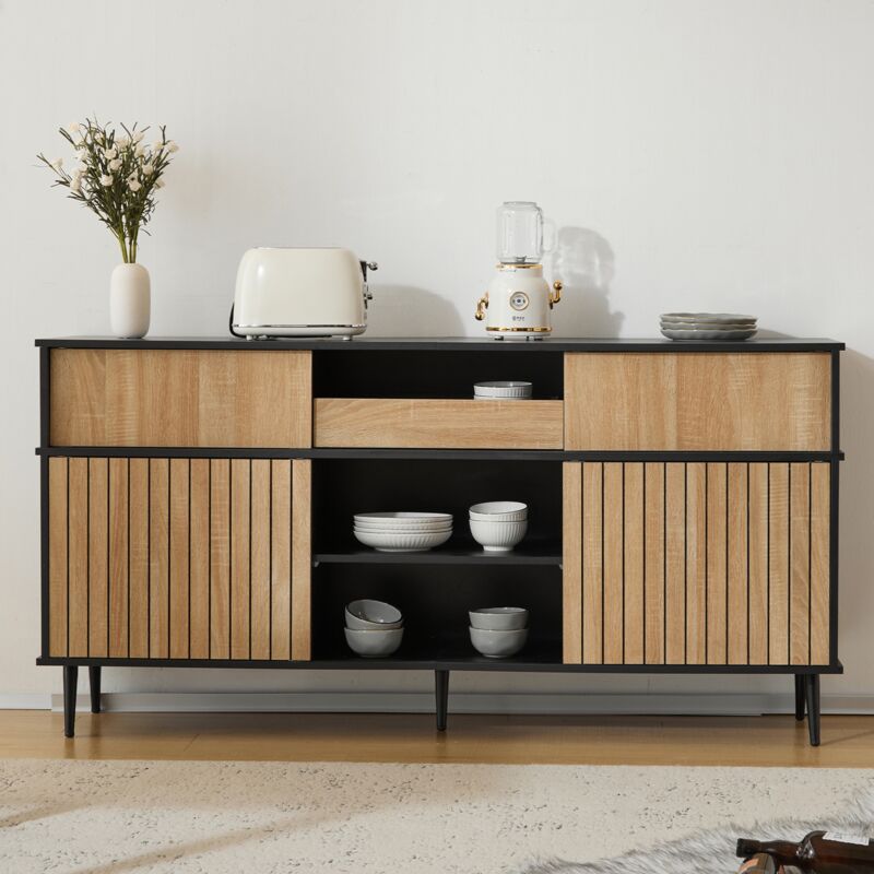 Tanant - Buffet de rangement 160cm avec 4 portes coulissantes et 1 tiroir, combinaison chêne et noir, pieds noirs, adapté pour salon, salle à manger,