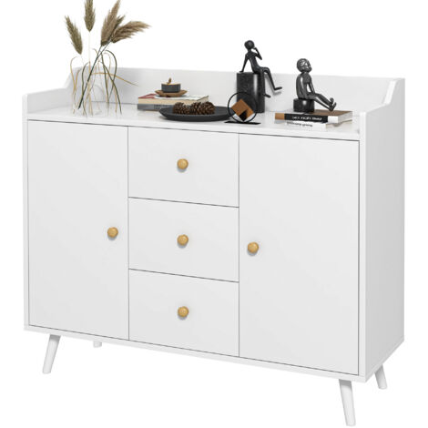 Buffet de rangement 2 portes 3 tiroirs pieds bois massif moderne blanc 90x32x80 cm