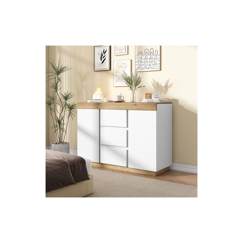 Buffet de rangement, 2 portes, 3 tiroirs, plateau et base en chêne, aggloméré E1. pour salon, chambre, couleur blanc et chêne