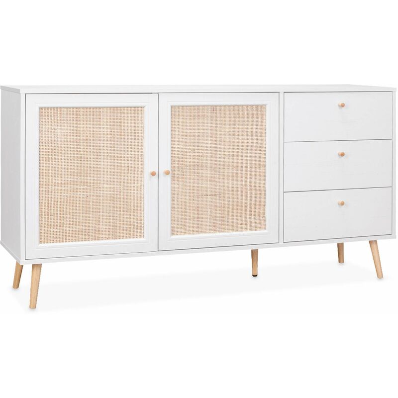 Sweeek - Buffet de rangement blanc en cannage 2 portes 3 tiroirs. buffet bas. L150 x l39 x H79cm - Bohème