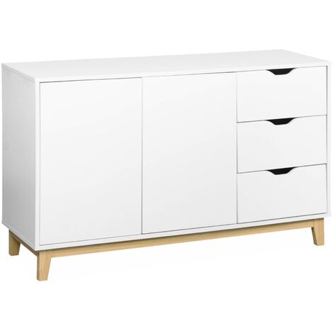 Buffet de rangement blanc. pieds bois - Floki - avec 3 tiroirs. buffet 2 portes. buffet bas. 120x40x75 cm