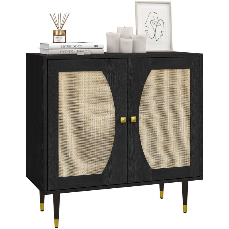 Buffet de rangement bohème en rotin noir, meuble de cuisine design à double portes avec 2 étagères, 80 x 38 x 79 cm