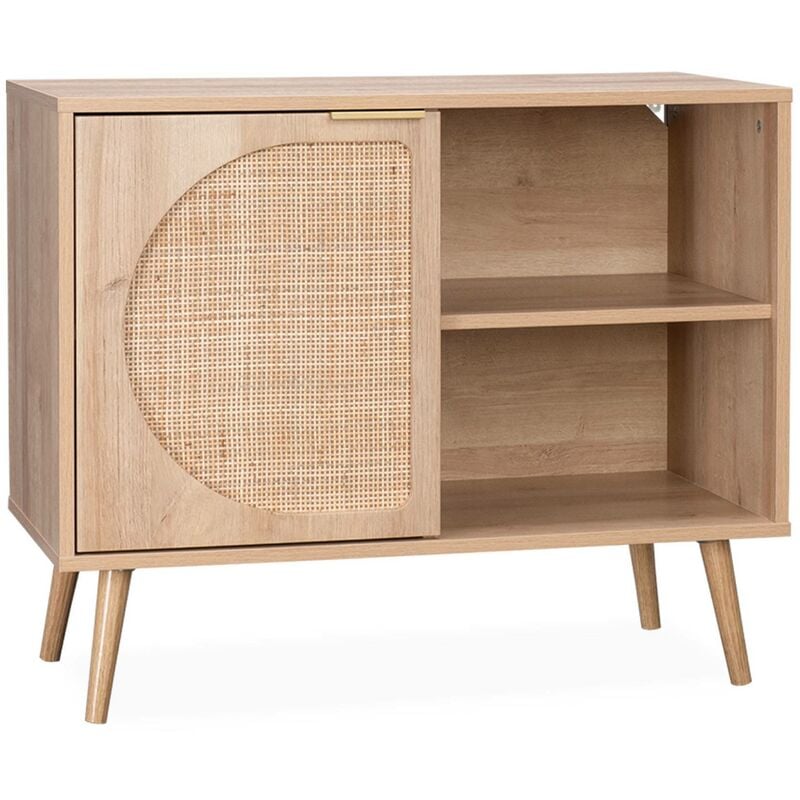 Buffet de rangement décor bois cannage arrondis. Eva. 1 portes réversible. deux niveaux. buffet bas. L80 x l39 x H65.8cm