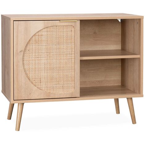 Buffet de rangement décor bois cannage arrondis, Eva, 1 portes réversible, deux niveaux, L80 x l39 x H65,8cm - Naturel