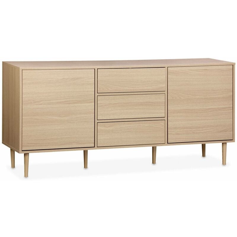 Buffet de rangement décor bois - Mika - 2 niveaux. 2 portes. 3 tiroirs. buffet bas. L 160 x l 40 x H 74cm