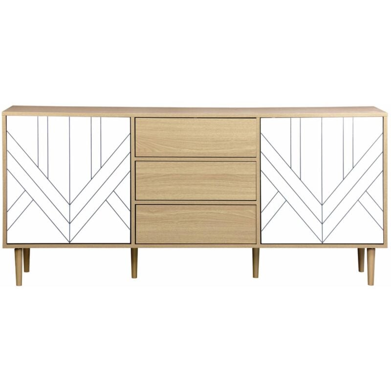 Sweeek - Buffet de rangement décor bois et blanc - Mika - 2 niveaux. 2 portes. 3 tiroirs. buffet bas. l 160 x l 40 x h 74cm