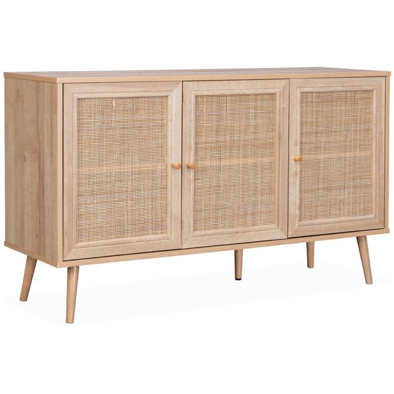 Buffet de rangement en cannage 120x39x70cm - Bohème - 2 niveaux. 3 portes. pieds scandinaves. buffet bas