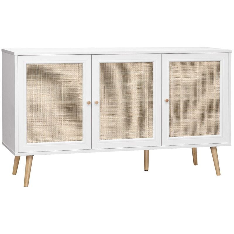 Buffet de rangement en cannage. blanc 120x39x70cm - Bohème - 2 niveaux. 3 portes. pieds scandinaves. buffet bas
