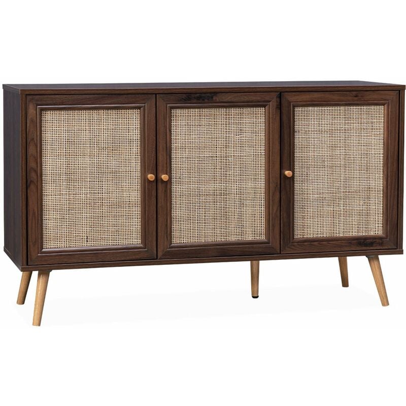 Buffet de rangement en cannage 120x39x70cm - Bohème - 2 niveaux. 3 portes. pieds scandinaves. buffet bas