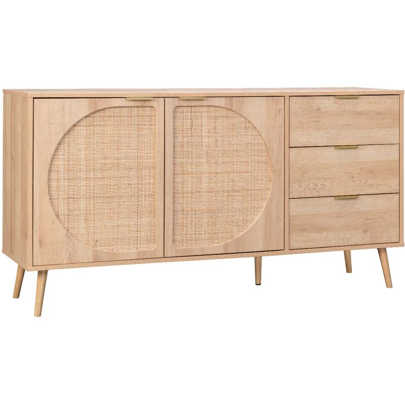 Sweeek - Buffet de rangement. Eva. décor bois et cannage arrondi. 2 portes 3 tiroirs. buffet bas. l 150 x l 39 x h 79cm