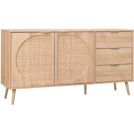 SWEEEK Buffet de rangement. Eva. décor bois et cannage arrondi. 2 portes 3 tiroirs. buffet bas. L 150 x l 39 x H 79cm