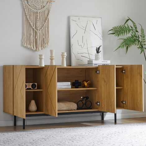 Buffet de rangement pour salon/salle à manger, 4 portes sans poignée, incrustations métalliques, panneau de particules, 160x40x78 cm, naturel