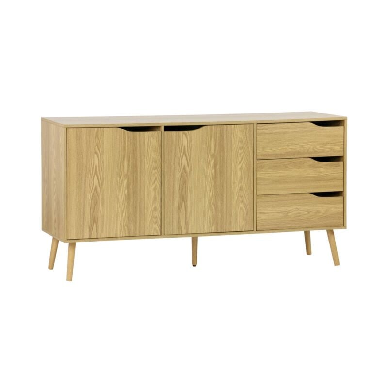 Buffet de rangement scandinave. buffet haut. vaisselier. 2 portes. 3 tiroirs. effet frêne. 160cm