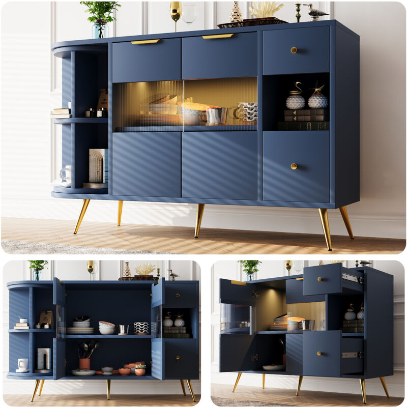 Buffet de salle à manger, armoires de rangement de salon avec portes coulissantes en verre et lumières led, buffet en bois, armoires autoportantes,