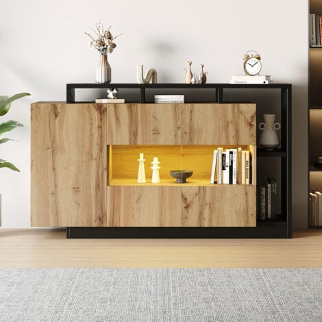GUTENT Buffet de Salle à Manger Moderne avec LED & Contrôle Bluetooth – MDF Bois Naturel – Pour Salon & Cuisine
