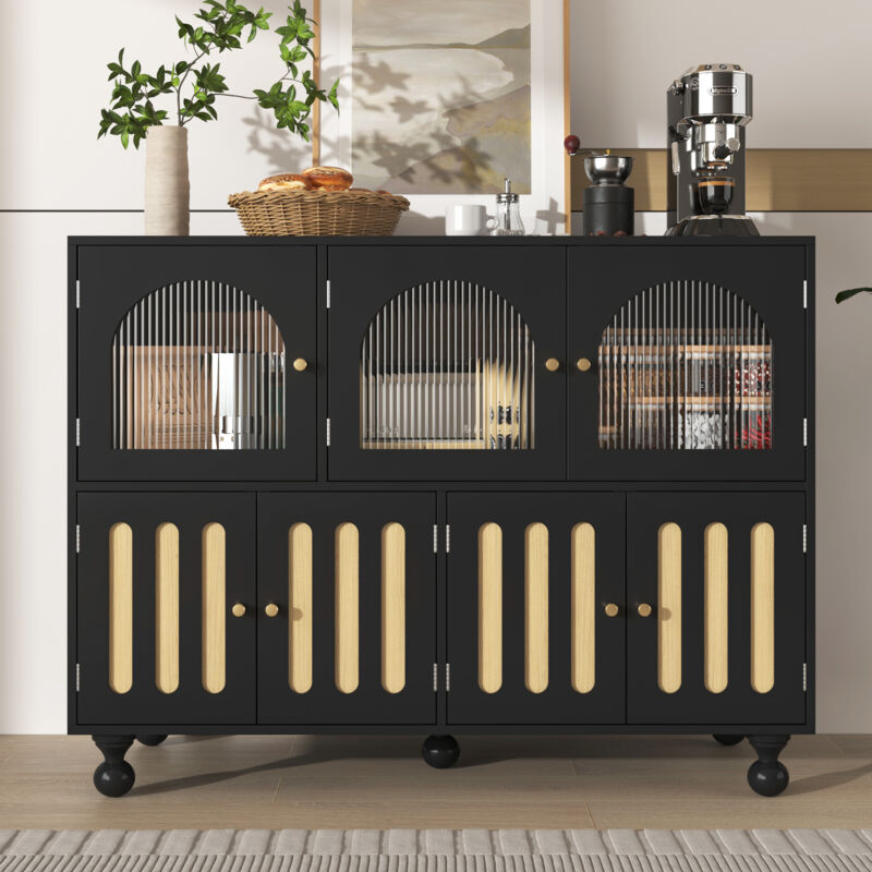 Buffet moderne noir, conception de porte en verre Changhong, porte en forme de clé de piano, pieds de colonne ronde, armoire de rangement élégante,