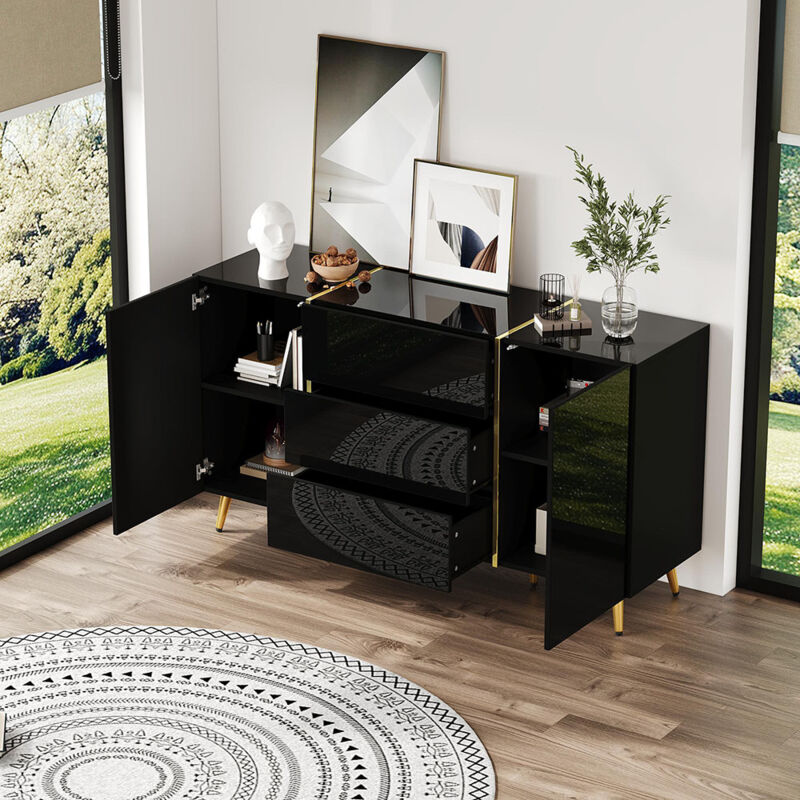 Buffet de salle à manger noir brillant avec décorations dorées – 2 portes, 3 tiroirs (140 x 40 x 76 cm)
