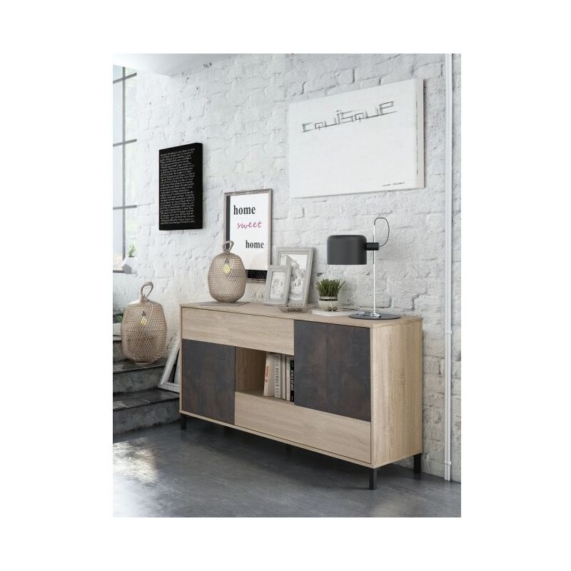 Buffet 151 cm chêne canadien et oxyde avec 2 portes et 2 tiroirs - Oristano