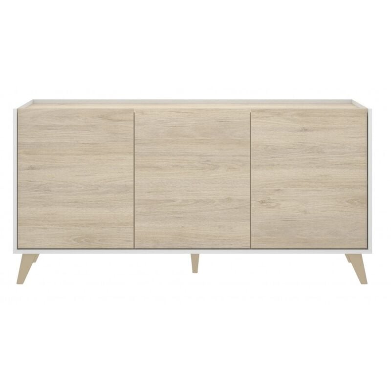 Buffet 155 cm blanc mat et chêne naturel avec trois portes - Corato