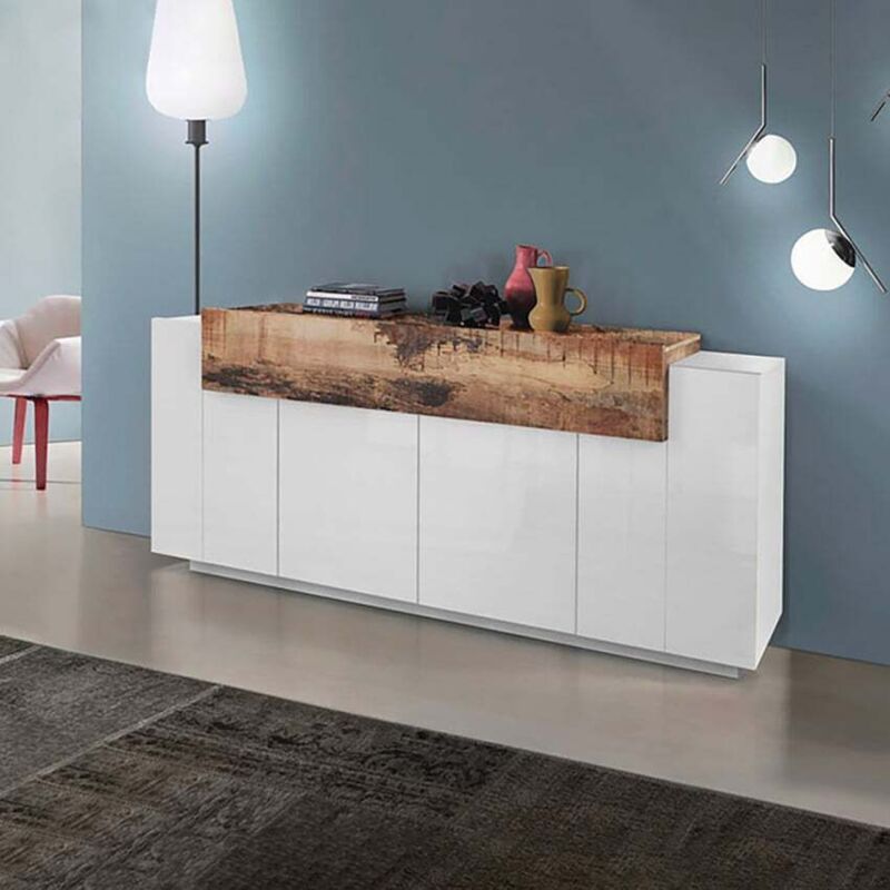 Buffet design blanc moderne bois 200cm 4 placards Corona Side
