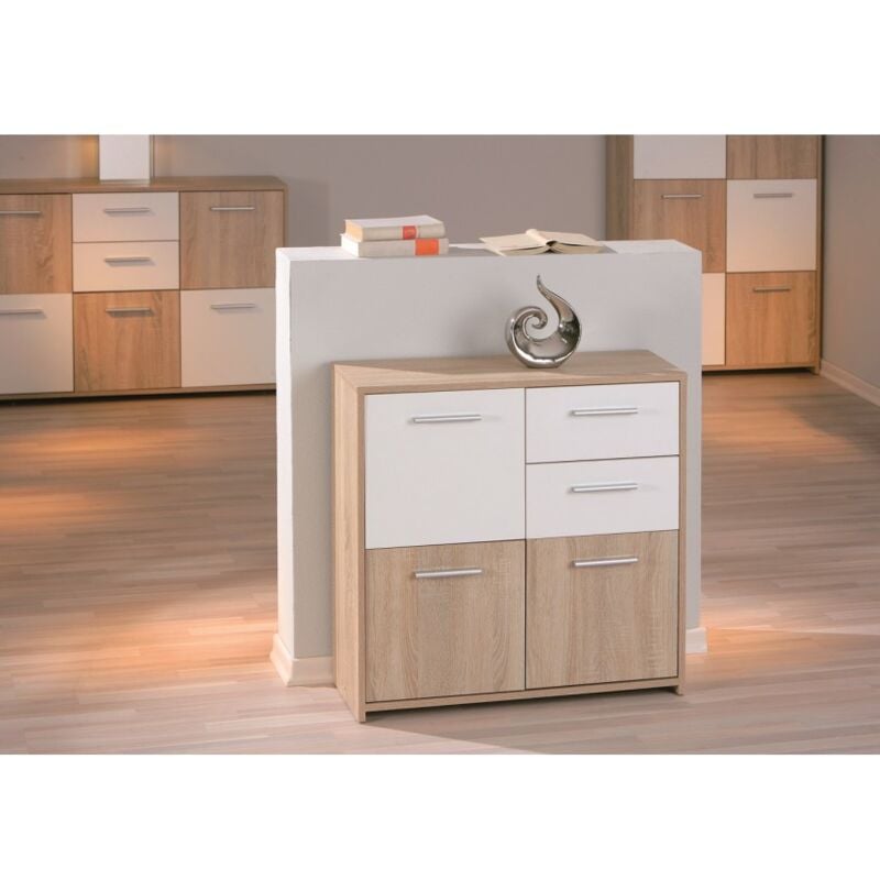 Buffet 77 cm chêne clair et blanc laqué avec 3 portes et 2 tiroirs - Alghero