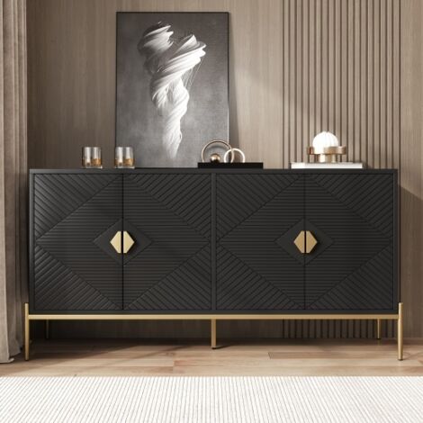 Buffet de salon avec 4 portes à motif géométrique, poignées dorées, pieds en métal, noir