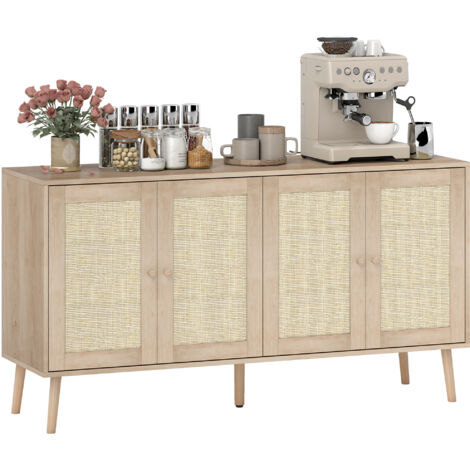 Buffet de salon avec portes en rotin et étagère réglable, 140 x 40 x 75 cm, aspect bois naturel